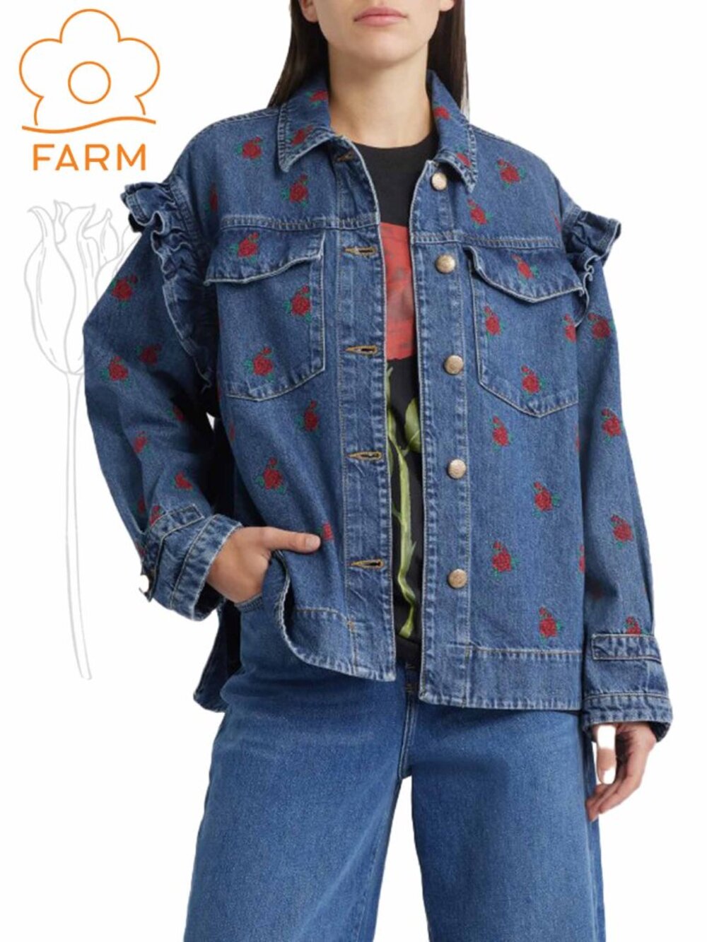 FARM Rio Floral Cross Stitch Denim Jacket